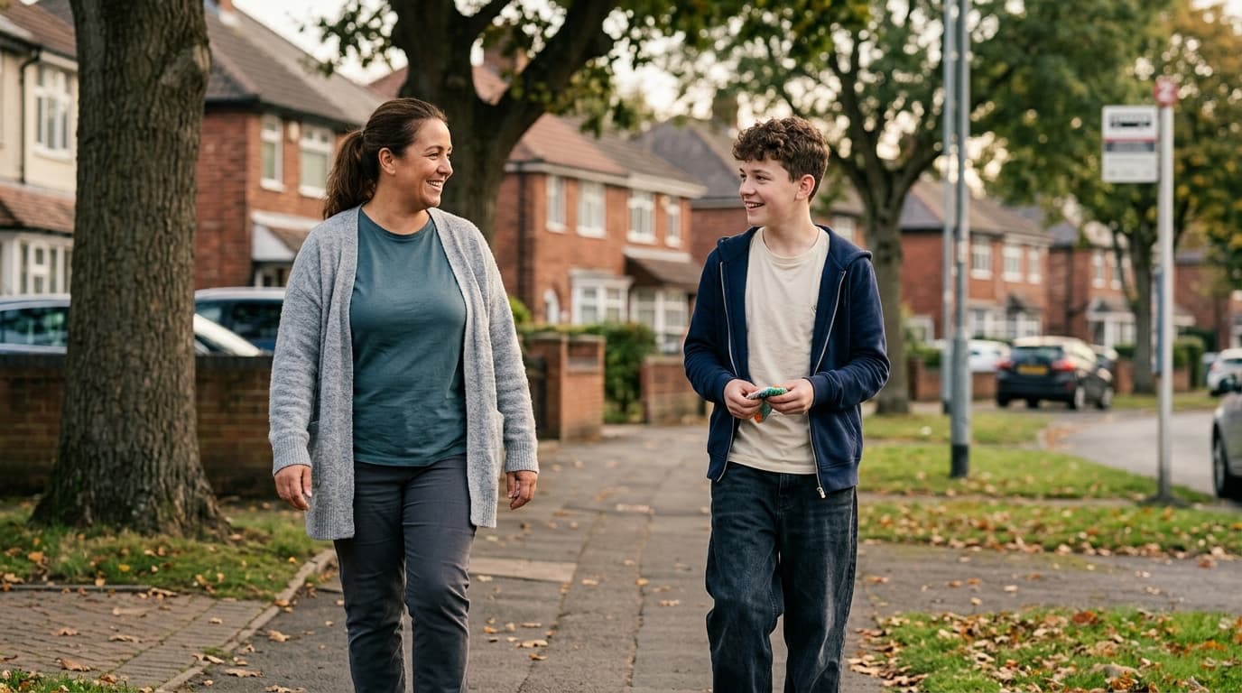 Support worker and client on a community walk